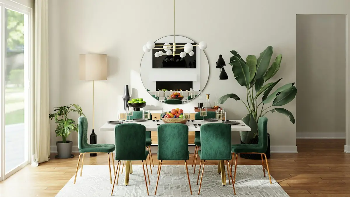 Comedor abierto con sillas verdes junto a la cocina